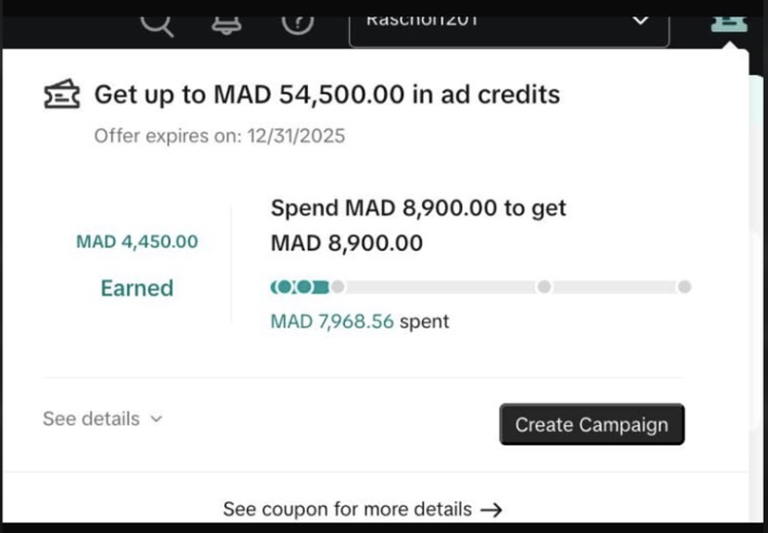 Capture d'écran du compte TikTok Ads Manager d'un client Silver Agency montrant le crédit publicitaire gagné